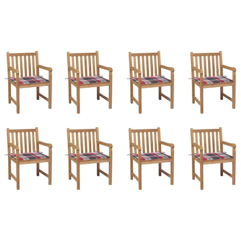 Vidaxl Záhradné stoličky 8ks, červené kockované podložky, tíkový masív